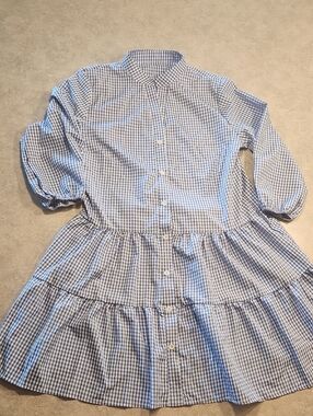 Gingham Button-Front Tiered Shirt Dress in Blue & White